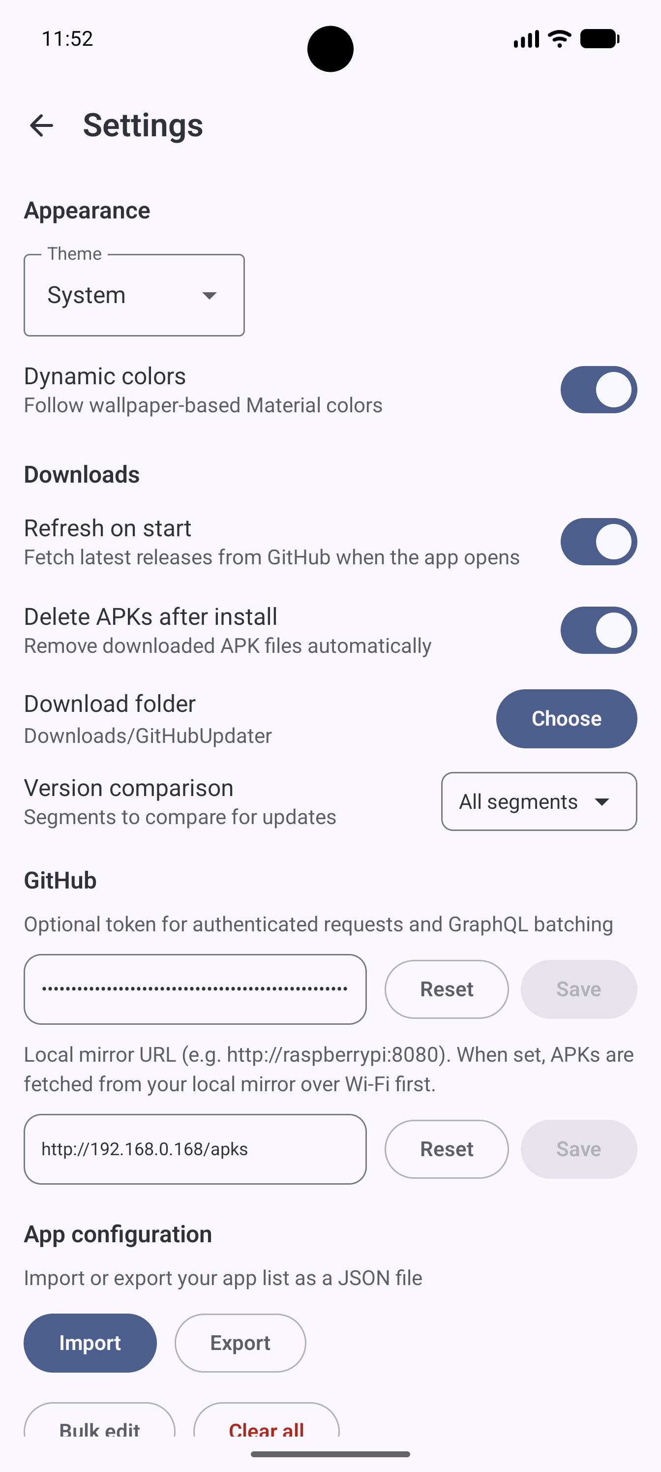 Settings screen showing theme, downloads, and GitHub configuration