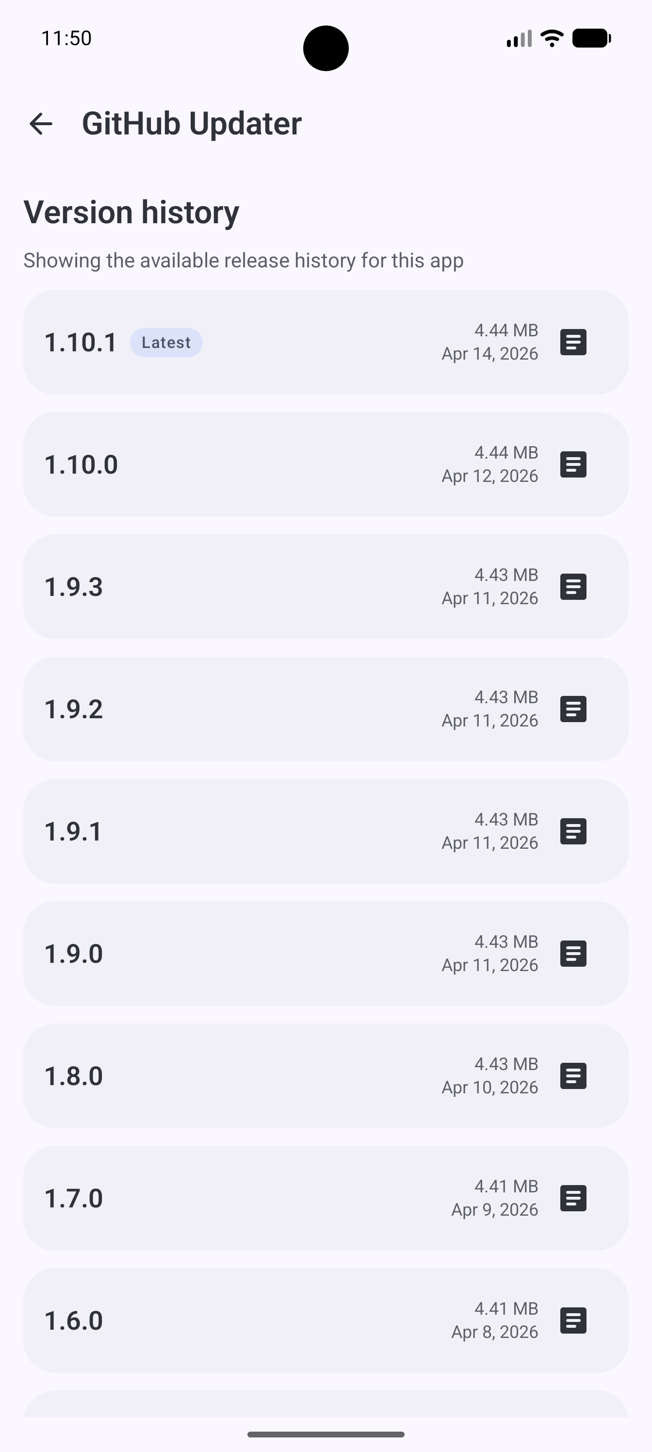 Version history screen showing releases and changelog access